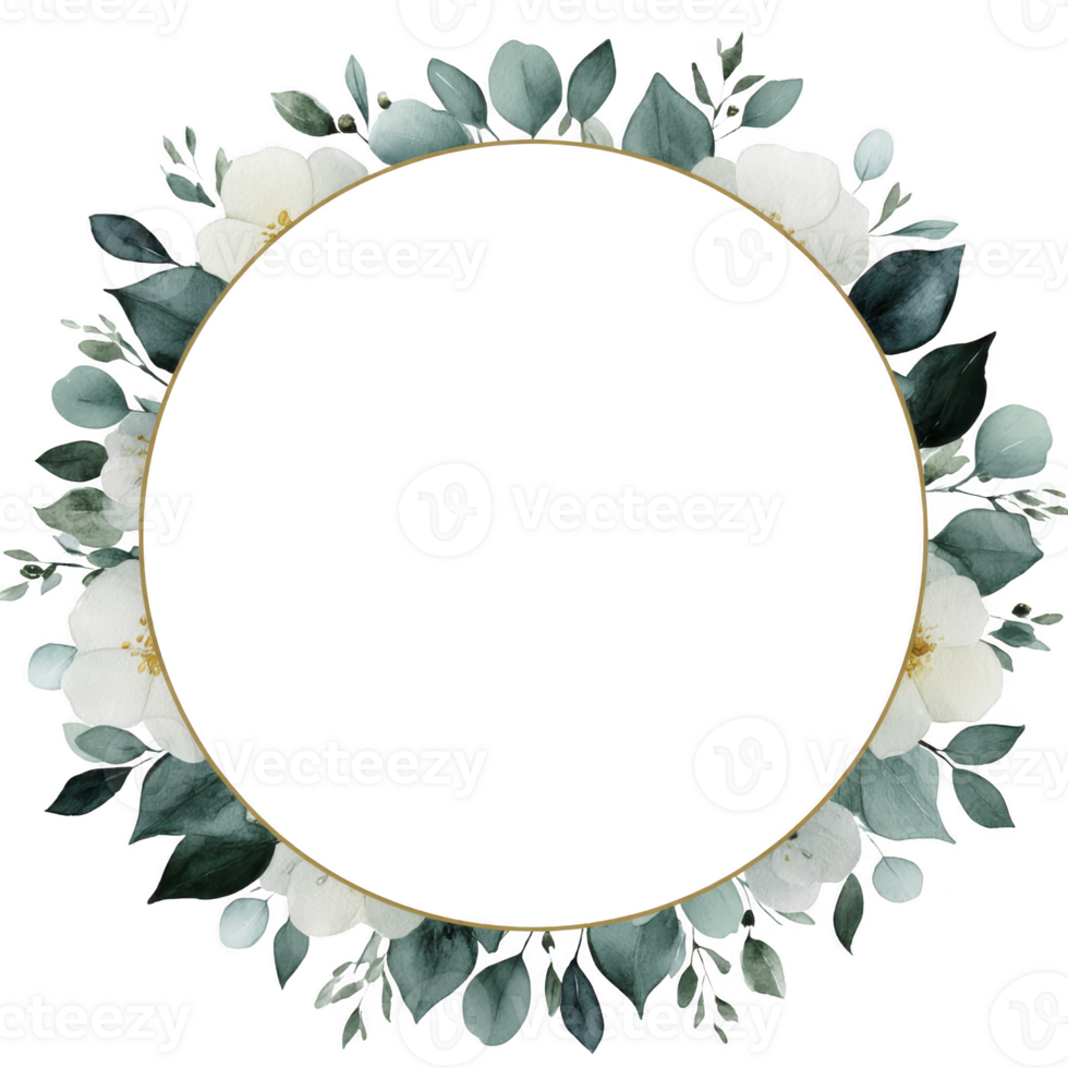 Circular floral frame with white flowers and green leaves creates elegant and natural border. design features gold outline, adding touch of sophistication, perfect for invitations or announcements png