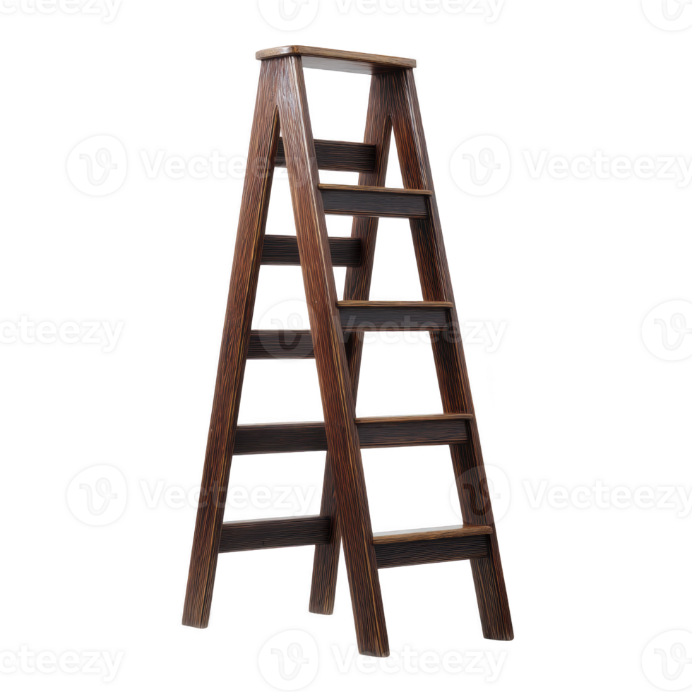 Wooden step ladder with sturdy design and multiple steps is shown, ideal for reaching high places in home or work settings. ladder dark finish adds touch of elegance png