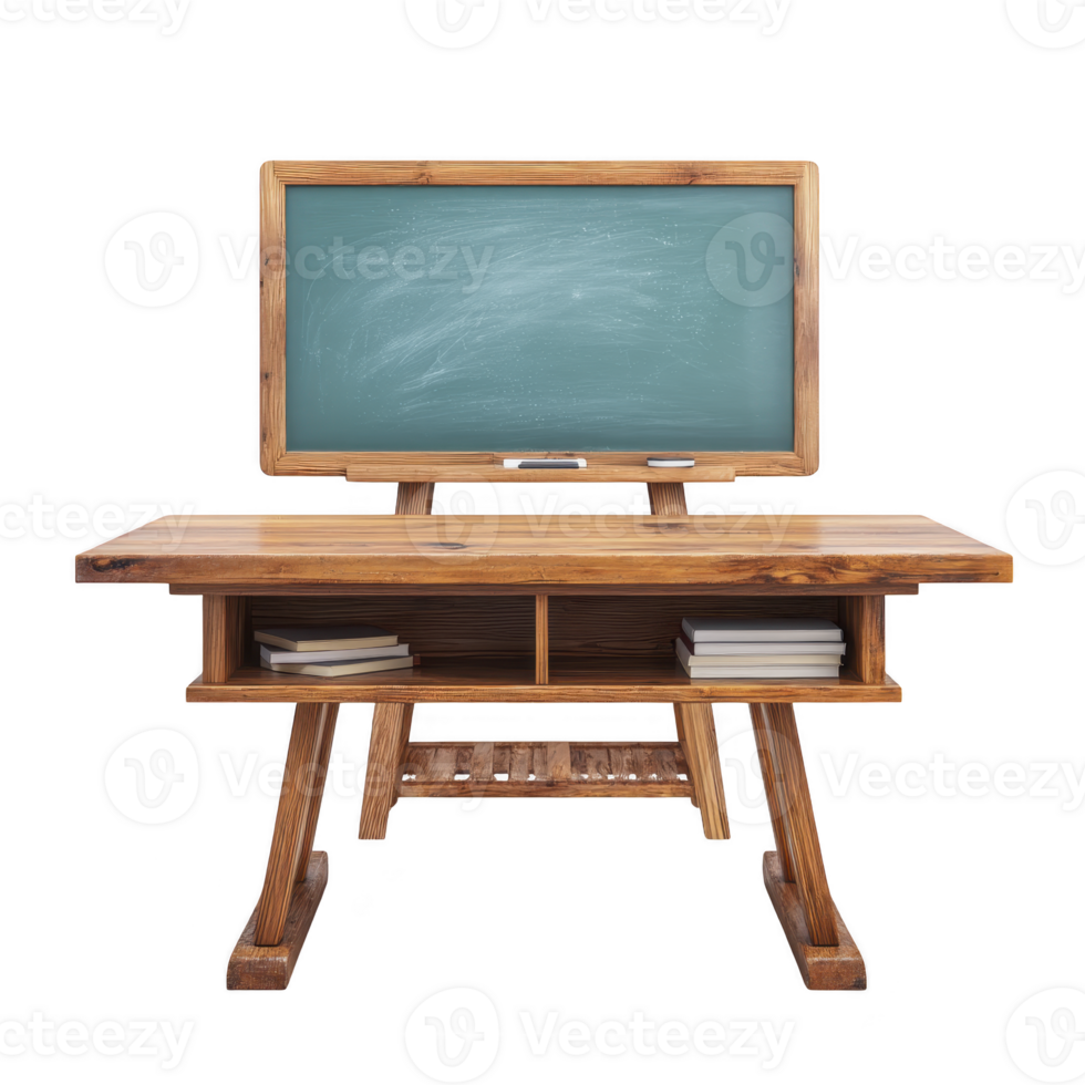 Wooden desk with books is placed in front of chalkboard, creating classic classroom setting. chalkboard is clean, ready for writing, and desk has rustic charm png