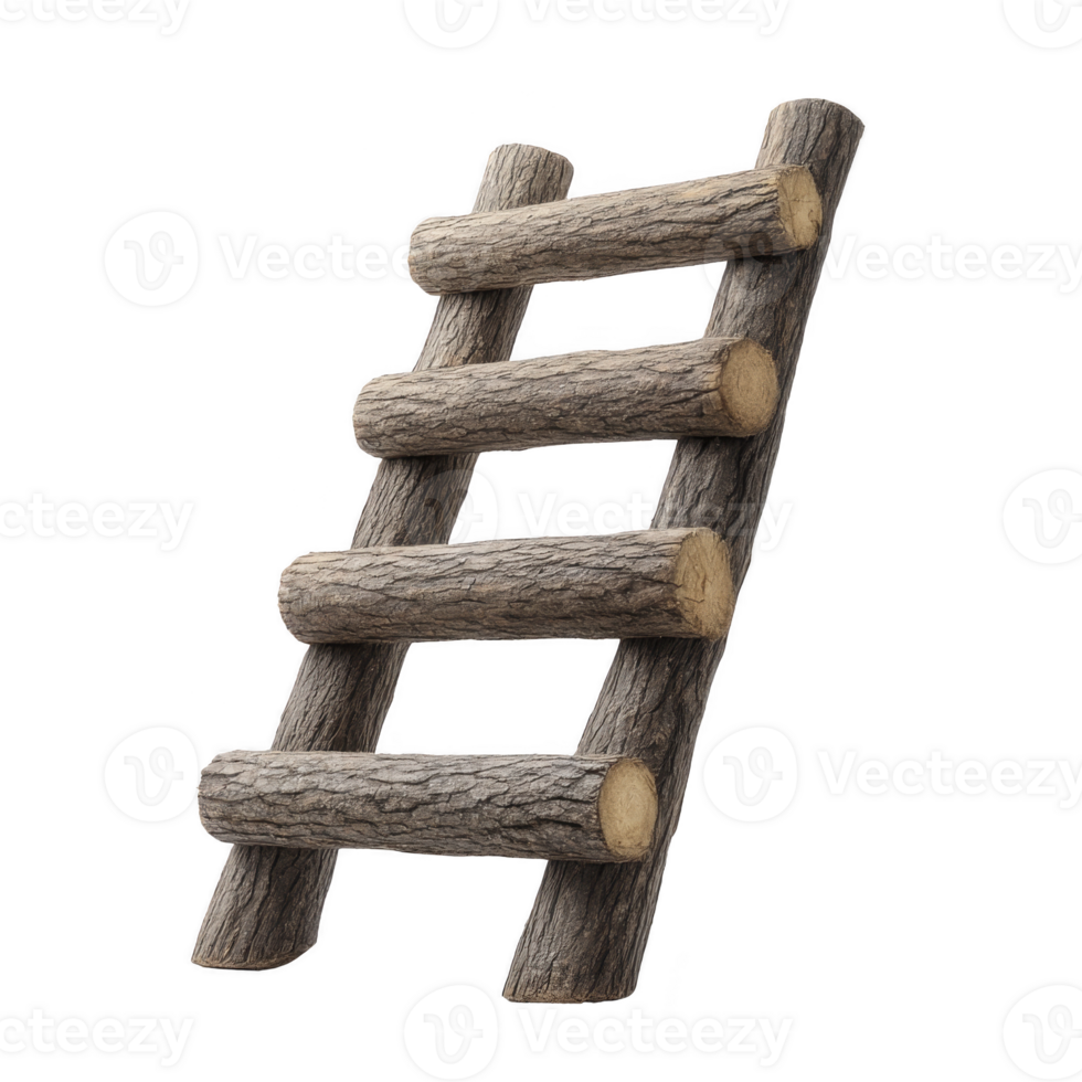 Rustic wooden ladder made from logs is shown, featuring simple and natural design. ladder consists of four rungs and is crafted from unprocessed wood, highlighting its organic texture png