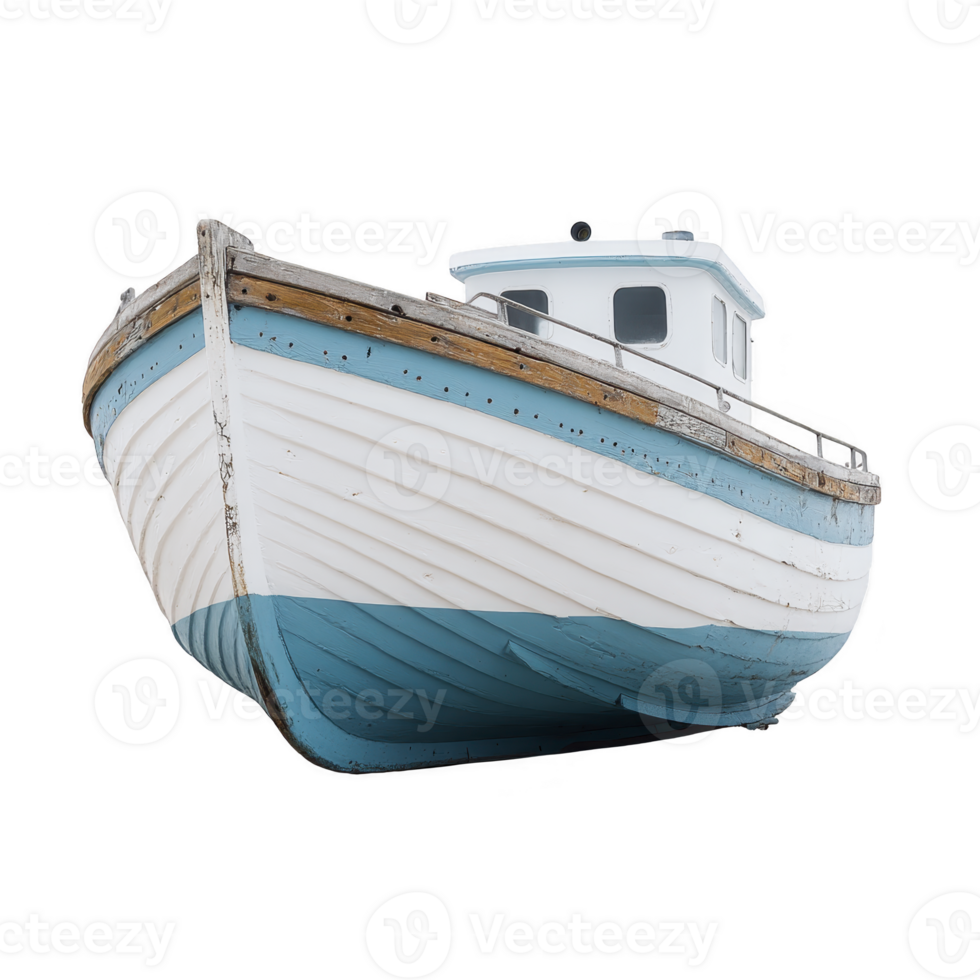 Vintage wooden fishing boat with blue and white hull is isolated on transparency background, showcasing its rustic charm and weathered texture png