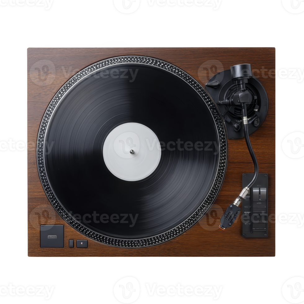Vintage wooden turntable with black vinyl record and tonearm, evoking nostalgia and classic music vibes. design is simple yet elegant, perfect for music enthusiasts png