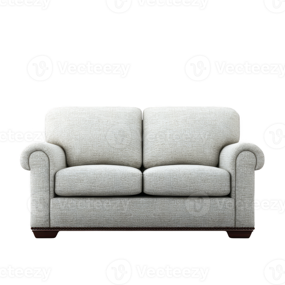 Comfortable, light gray fabric sofa with rolled arms and classic design, perfect for cozy living room setting. sofa features plush, inviting appearance png
