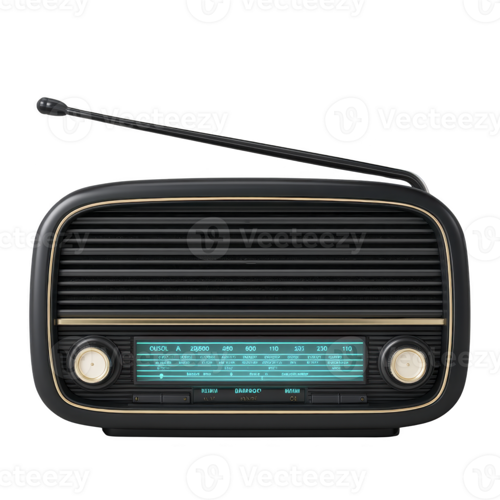 Vintage black radio with antenna and illuminated frequency display evokes nostalgia. classic design features two knobs and horizontal speaker grille, capturing retro aesthetic png