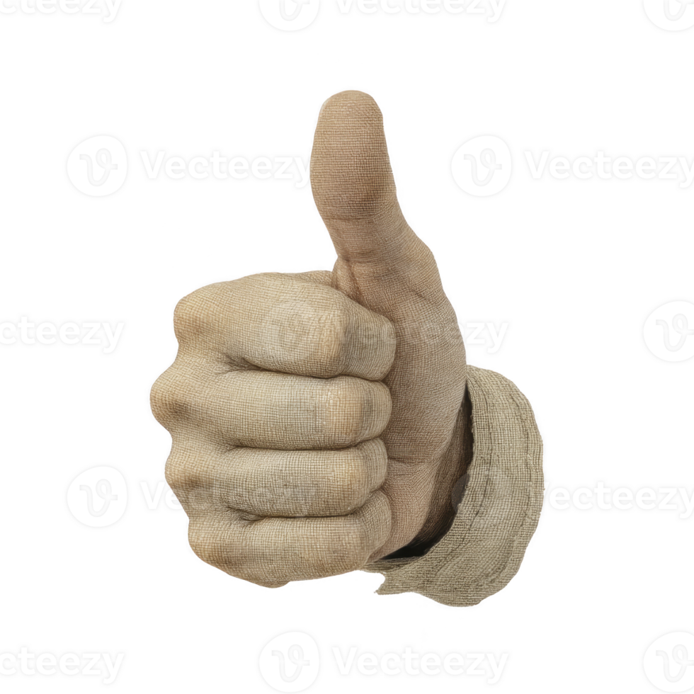 Hand wearing beige glove gives thumbs up gesture, symbolizing approval or agreement. glove has textured fabric appearance, adding rustic feel to image png