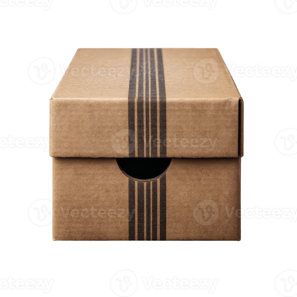Brown cardboard shoe box with simple design and black stripes is shown, perfect for packaging or storage. box is closed and has minimalist appearance png