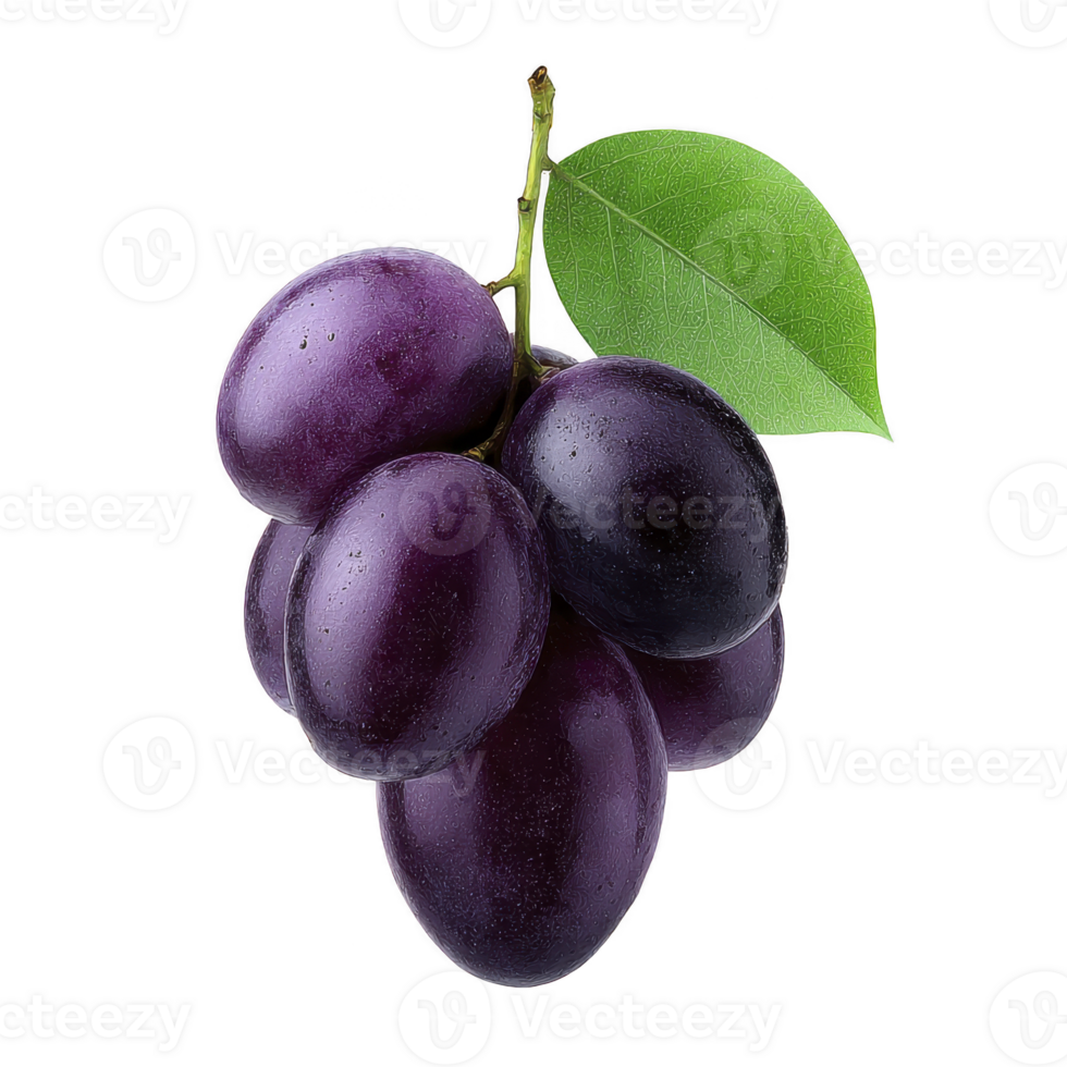 Bunch of fresh, ripe purple grapes with green leaf attached, showcasing their glossy texture and vibrant color. image highlights natural beauty and appeal of fruit png