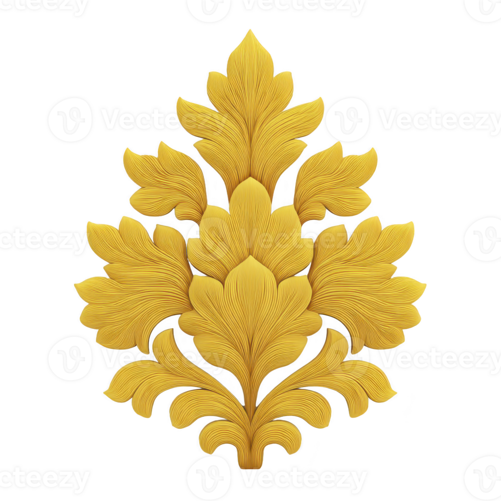 Intricate golden floral ornament with symmetrical leaf patterns, showcasing elegant design and detailed craftsmanship. decorative element exudes sense of luxury and artistic flair png