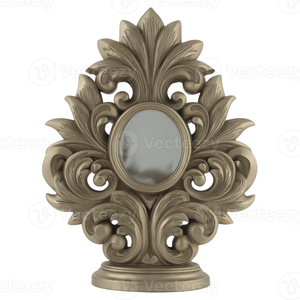 Ornate, vintage style decorative mirror with intricate floral patterns and central oval glass, exuding elegance and sophistication png