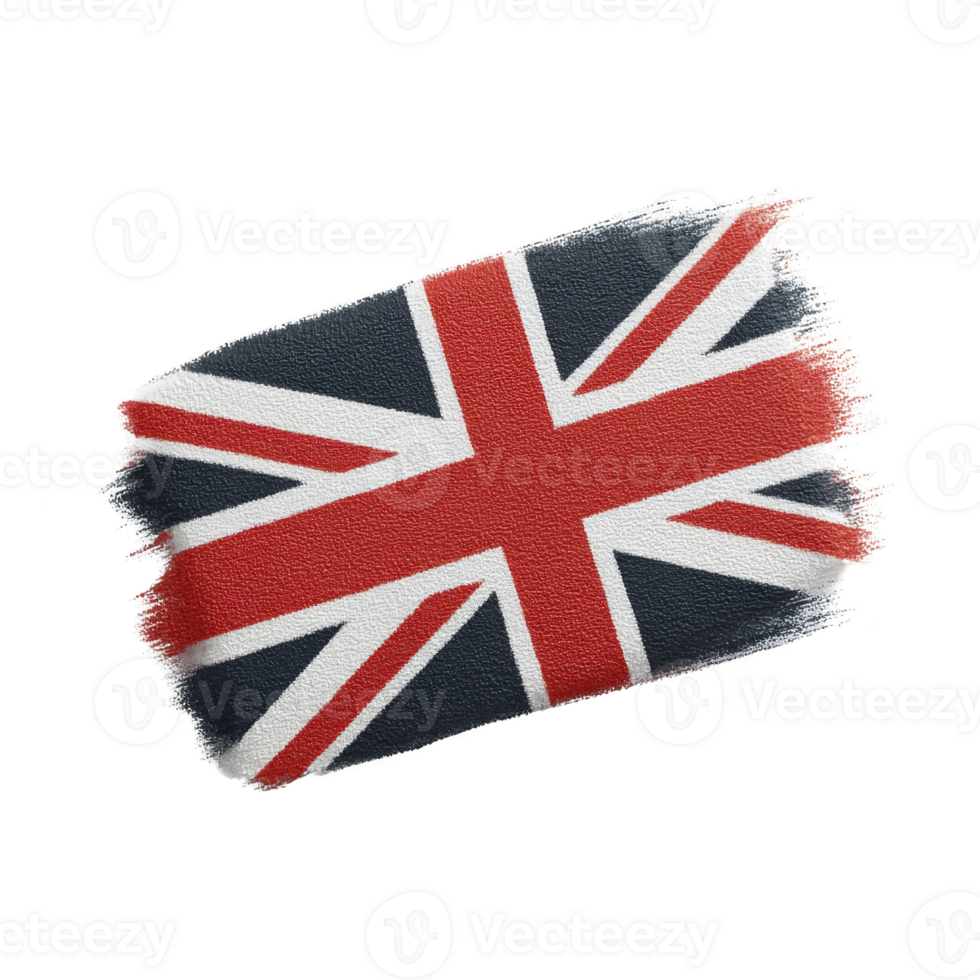 Painted depiction of Union Jack flag, symbolizing United Kingdom, is shown with textured brushstroke effect. flag features red, white, and blue colors, representing British heritage png