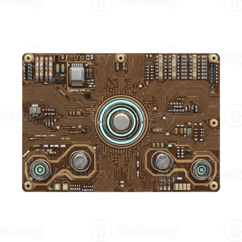 Detailed circuit board with intricate patterns and glowing elements, showcasing advanced technology and electronic components. design is symmetrical and futuristic png