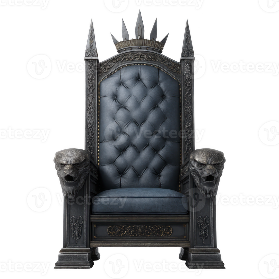 Majestic, gothic style throne with intricate carvings and dark blue upholstery, featuring ornate lion head armrests and spiked crown design, exuding regal and mysterious aura png