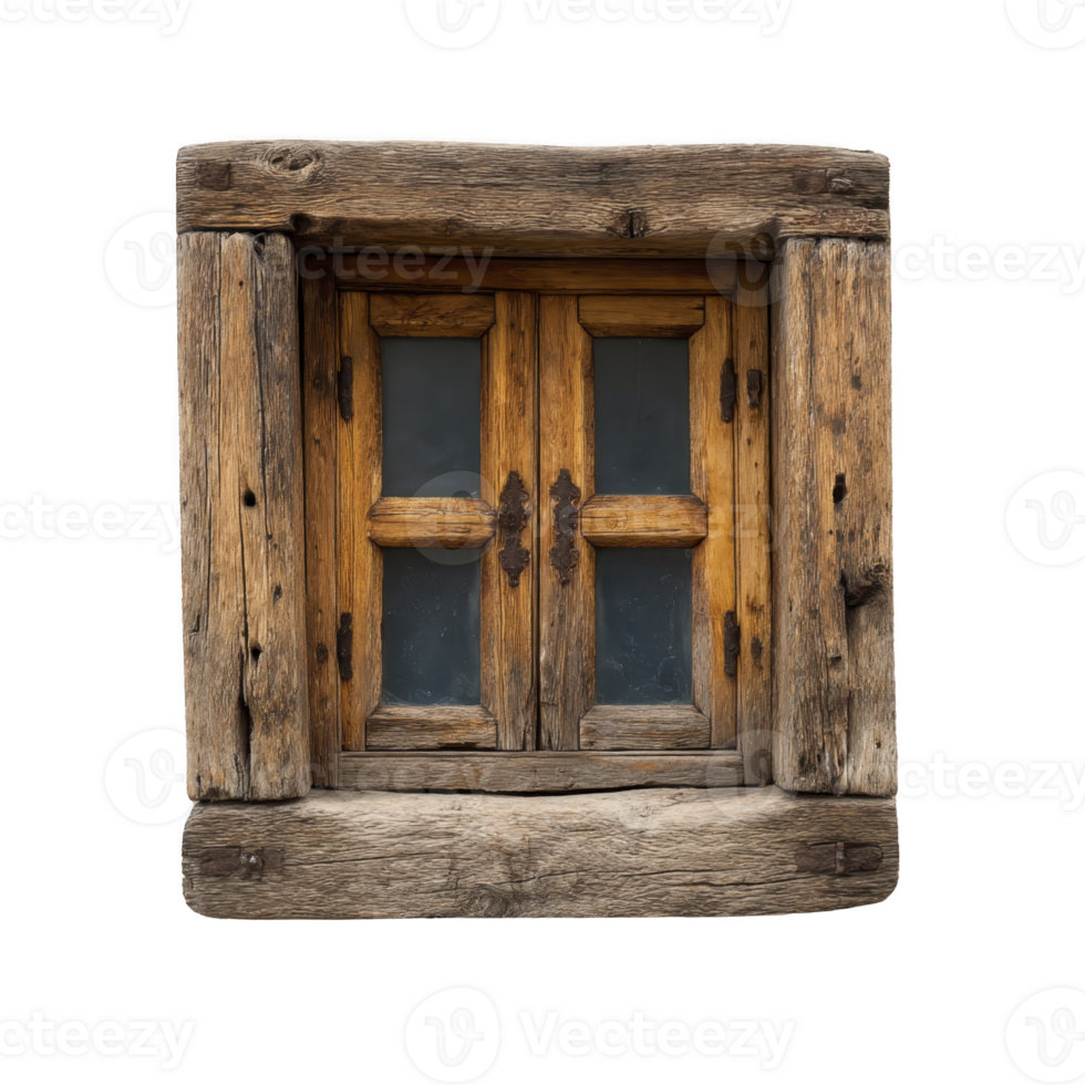 Rustic wooden window with weathered frames and glass panes exudes vintage charm, showcasing intricate metal handles. aged wood texture adds character and history png