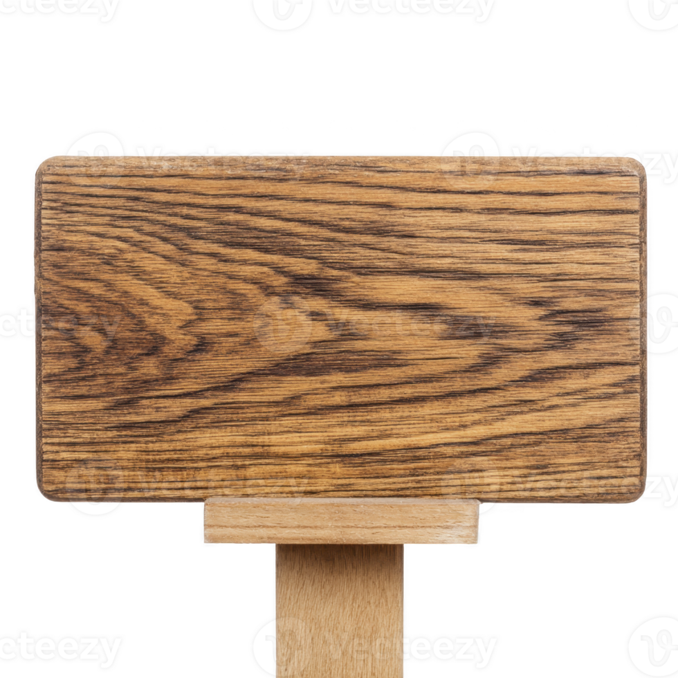 Rectangular wooden sign with natural grain pattern is mounted on wooden post, isolated on transparency background. sign texture and color give it rustic appearance png