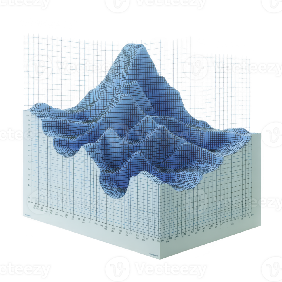 3D wireframe graph with blue mesh illustrates complex data visualization, showcasing peaks and valleys on grid. design is modern and abstract, ideal for presentations png