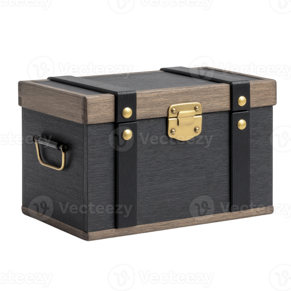 Small, elegant wooden chest with black finish and gold accents, featuring secure latch and side handles, perfect for storing treasures or decorative use png