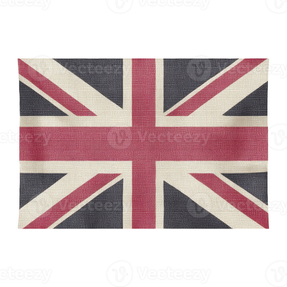 Image shows textured Union Jack flag with woven appearance, featuring iconic red, white, and blue colors. flag is displayed on transparency background, emphasizing its design png