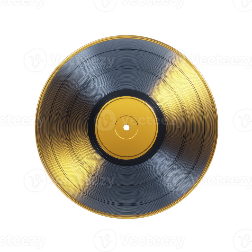 Vinyl record with gold and black gradient design, featuring central label. reflective surface creates vintage and elegant appearance, ideal for music themed projects png