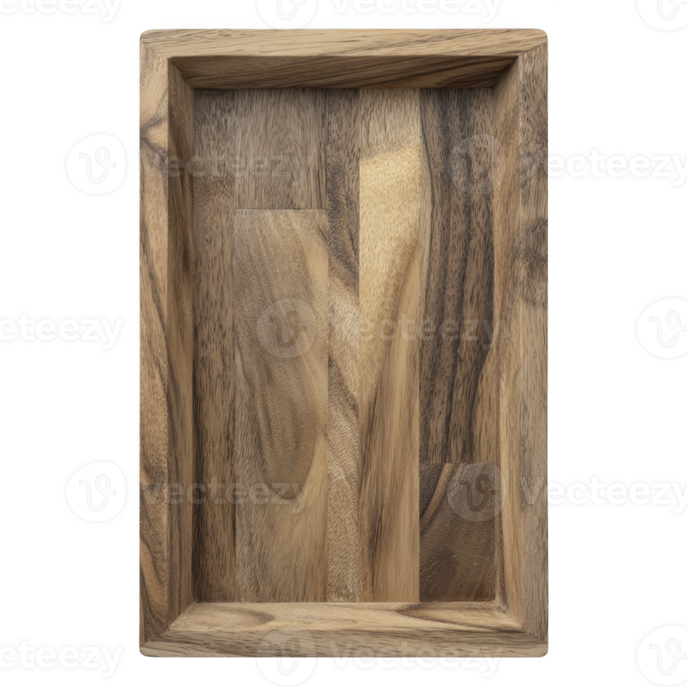 Rectangular wooden tray with natural finish showcases variety of wood grain patterns, creating rustic and elegant appearance. tray smooth surface and sturdy construction make it ideal for serving png