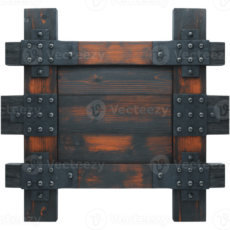 Rustic wooden sign with dark, weathered finish and metal rivets, evoking vintage and sturdy appearance. wood grain is visible, adding texture and character png