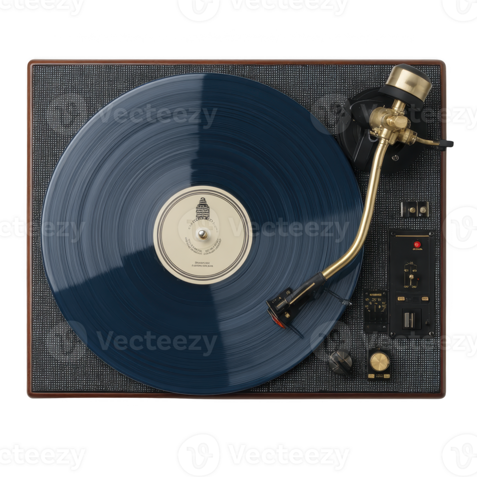 Vintage turntable with blue vinyl record and brass tonearm creates nostalgic atmosphere. textured surface and classic design evoke sense of retro charm png