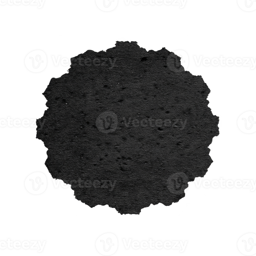 Black circular badge with textured surface and scalloped edges, resembling vintage label or seal, is centered on transparent background png