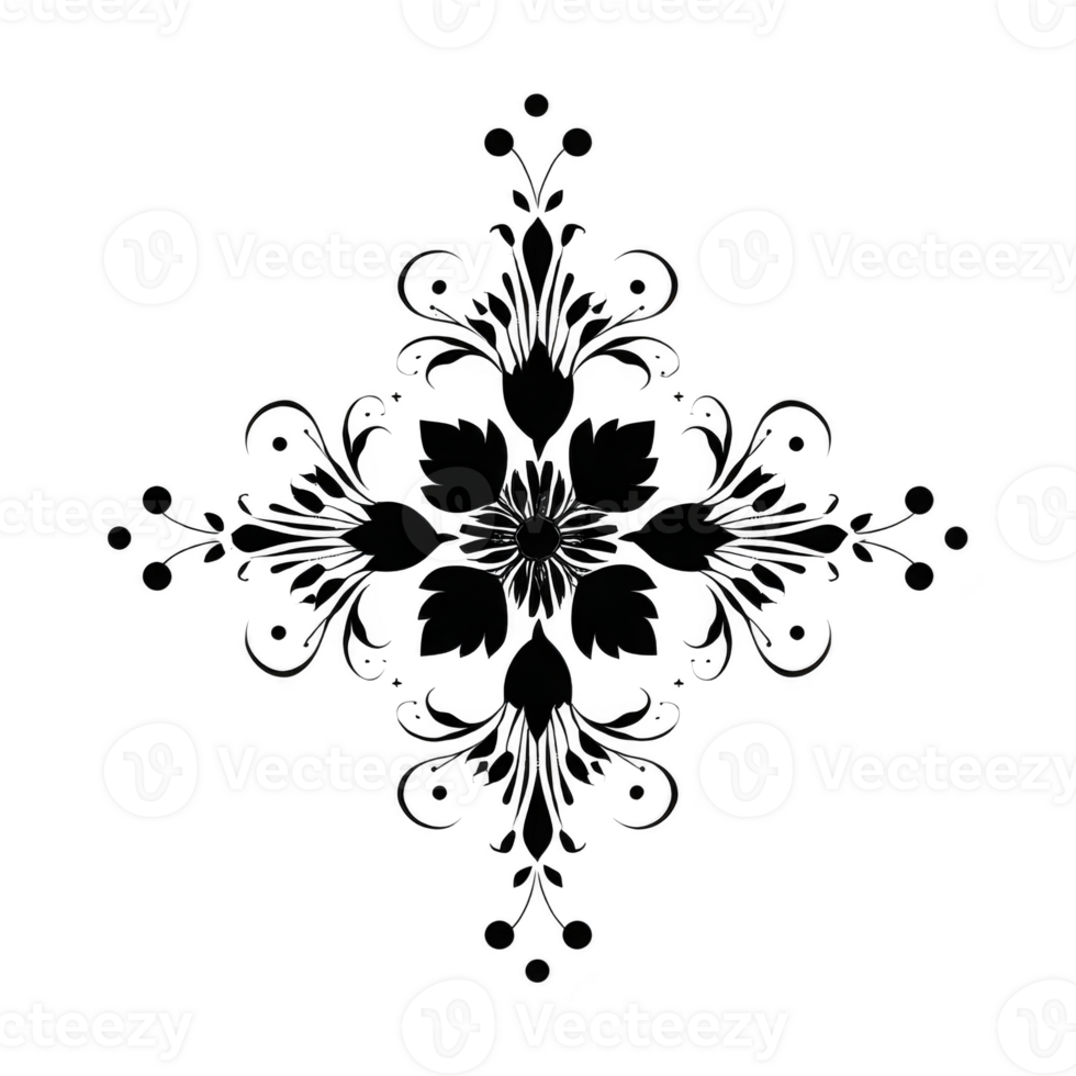 Ornate floral design with symmetrical patterns and intricate details, featuring swirling leaves and delicate accents, creating elegant and decorative motif png