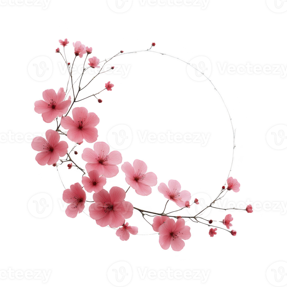 Delicate circular floral frame adorned with pink cherry blossoms, creating elegant and serene design. blossoms are intricately detailed, adding touch of natural beauty png