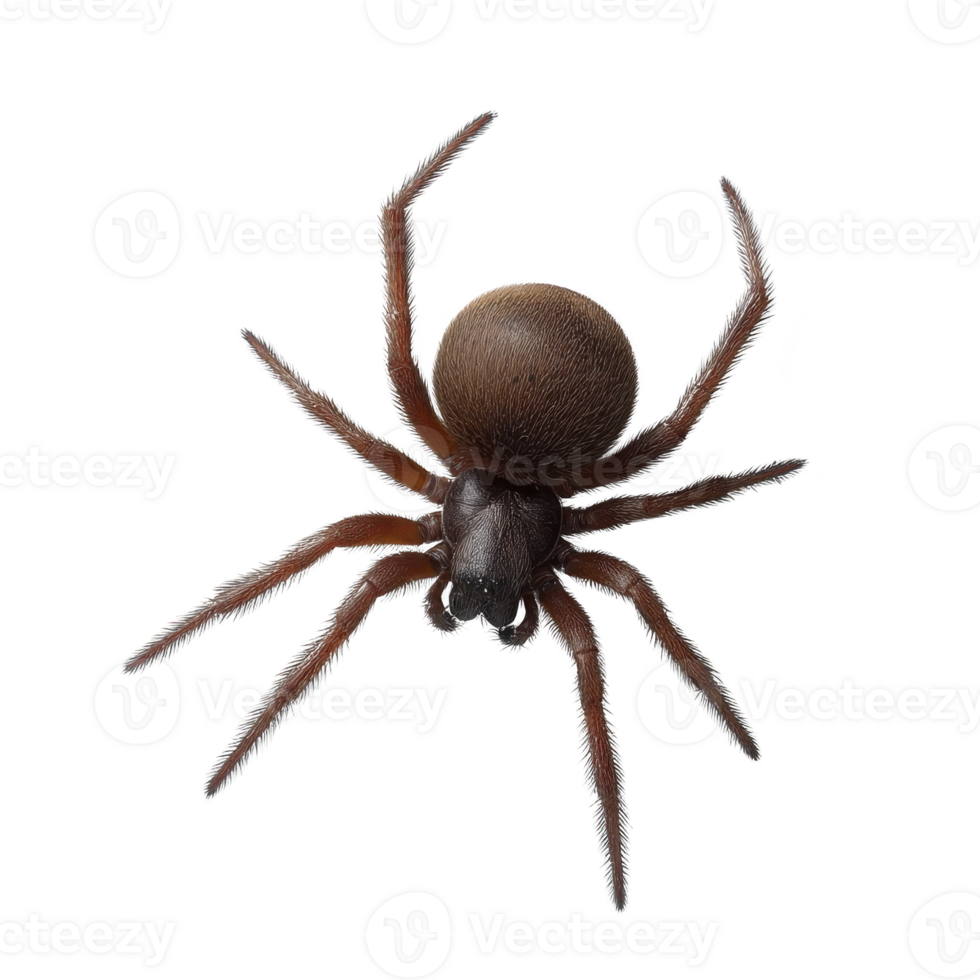 Close up image of brown spider with detailed textures on its body and legs, isolated on transparency background. spider features are clearly visible, showcasing its natural appearance png