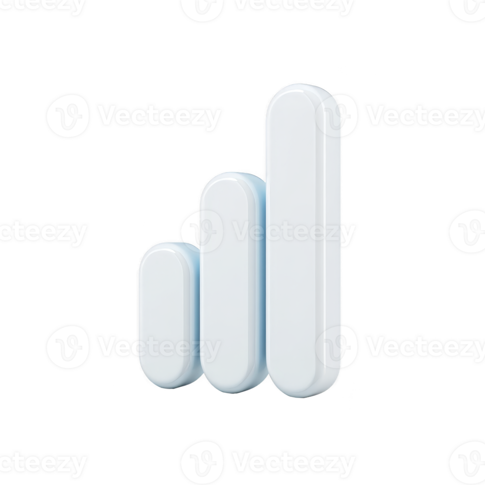 3D bar chart icon with three vertical bars of varying heights, symbolizing data analysis and growth. bars are smooth and rounded, with glossy white finish, set against transparent background png