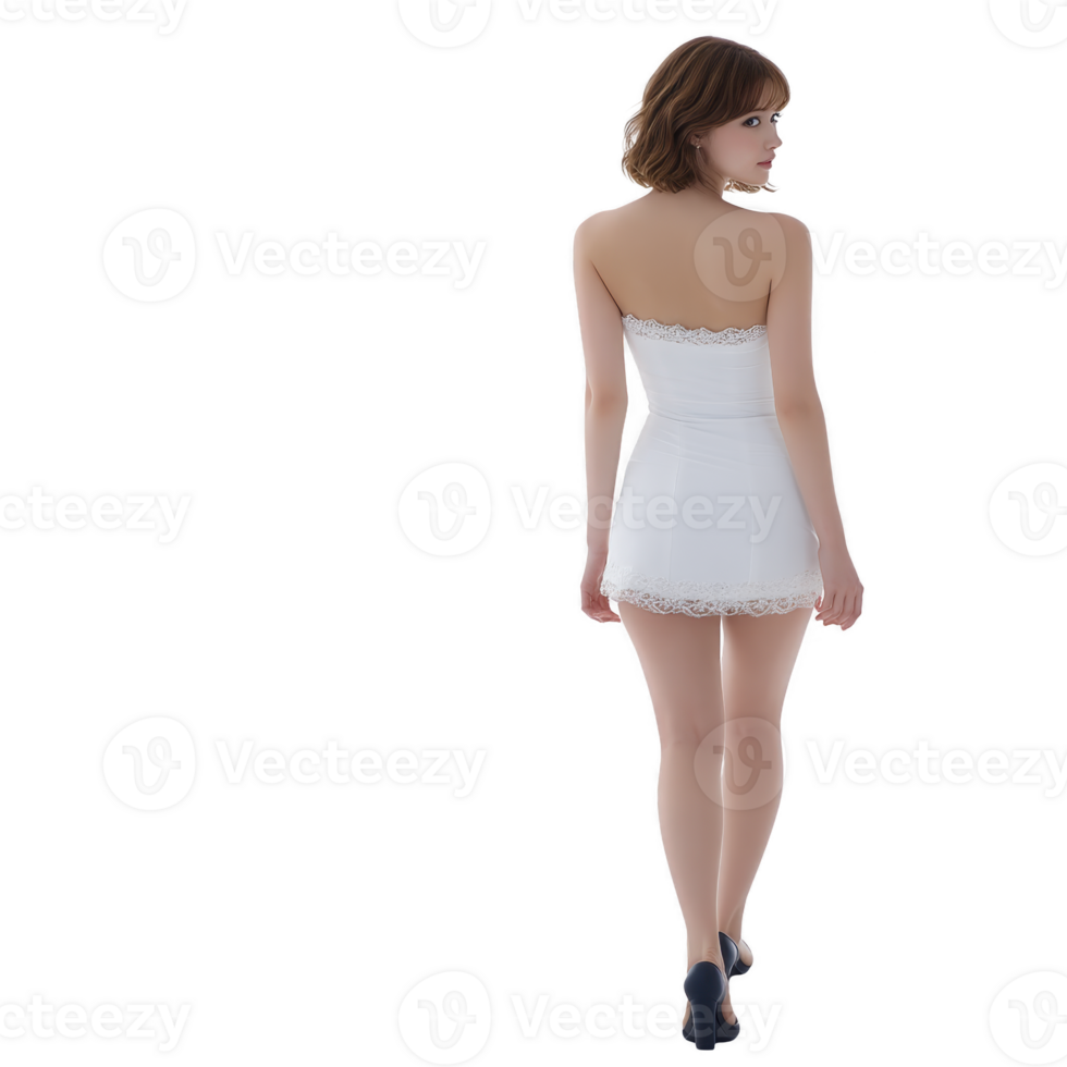 Woman in white strapless dress with lace trim stands with her back turned, wearing black high heels. dress is short and fitted, highlighting chic and elegant style png
