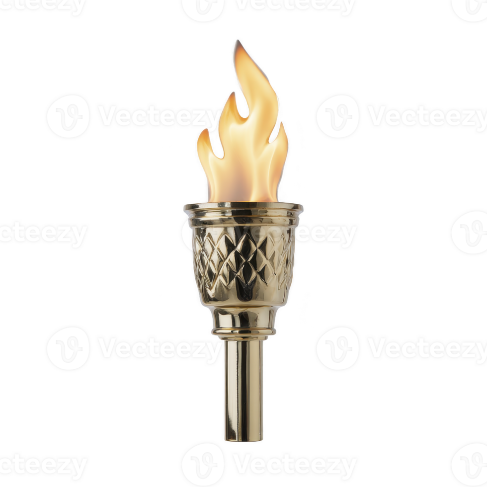 Golden torch with realistic flame symbolizes victory and celebration, featuring intricate patterns on handle. warm glow evokes sense of triumph and honor png