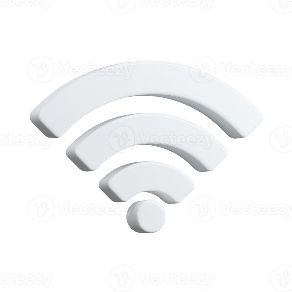3D white Wi Fi symbol with minimalist design, representing wireless connectivity and internet access. symbol features three curved lines and dot, conveying modern and sleek look png