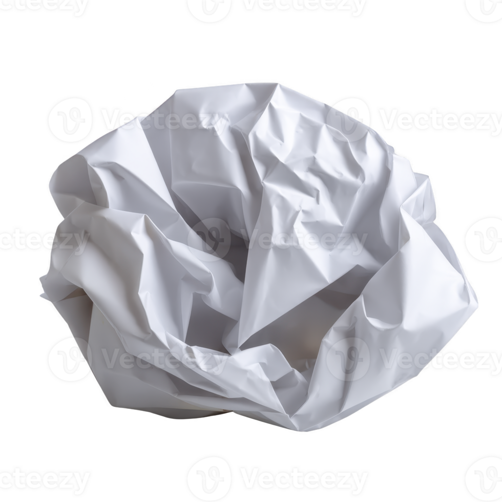 Crumpled piece of white paper isolated on transparency background, showcasing texture and folds. image highlights simplicity and everyday nature of paper, evoking sense of creativity and potential png