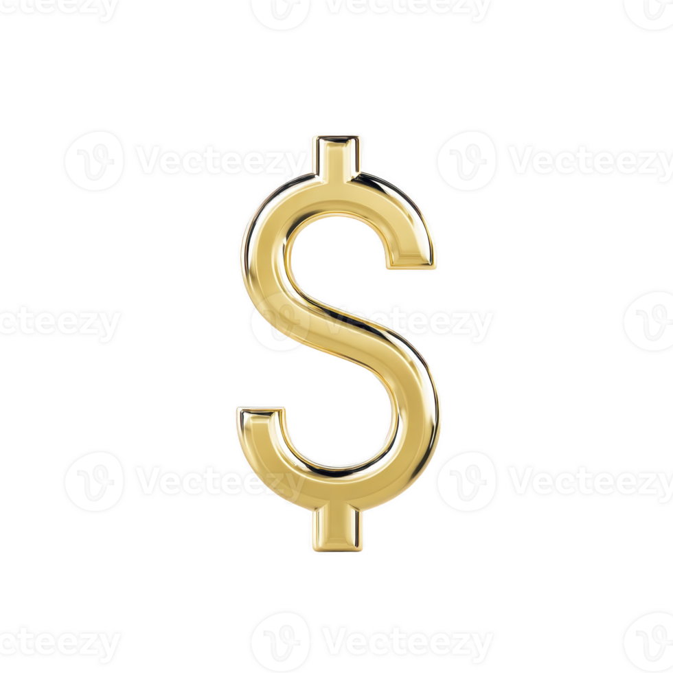 Shiny gold dollar sign symbol on transparency background, representing wealth and finance. metallic appearance adds luxurious feel, often associated with money and economics png