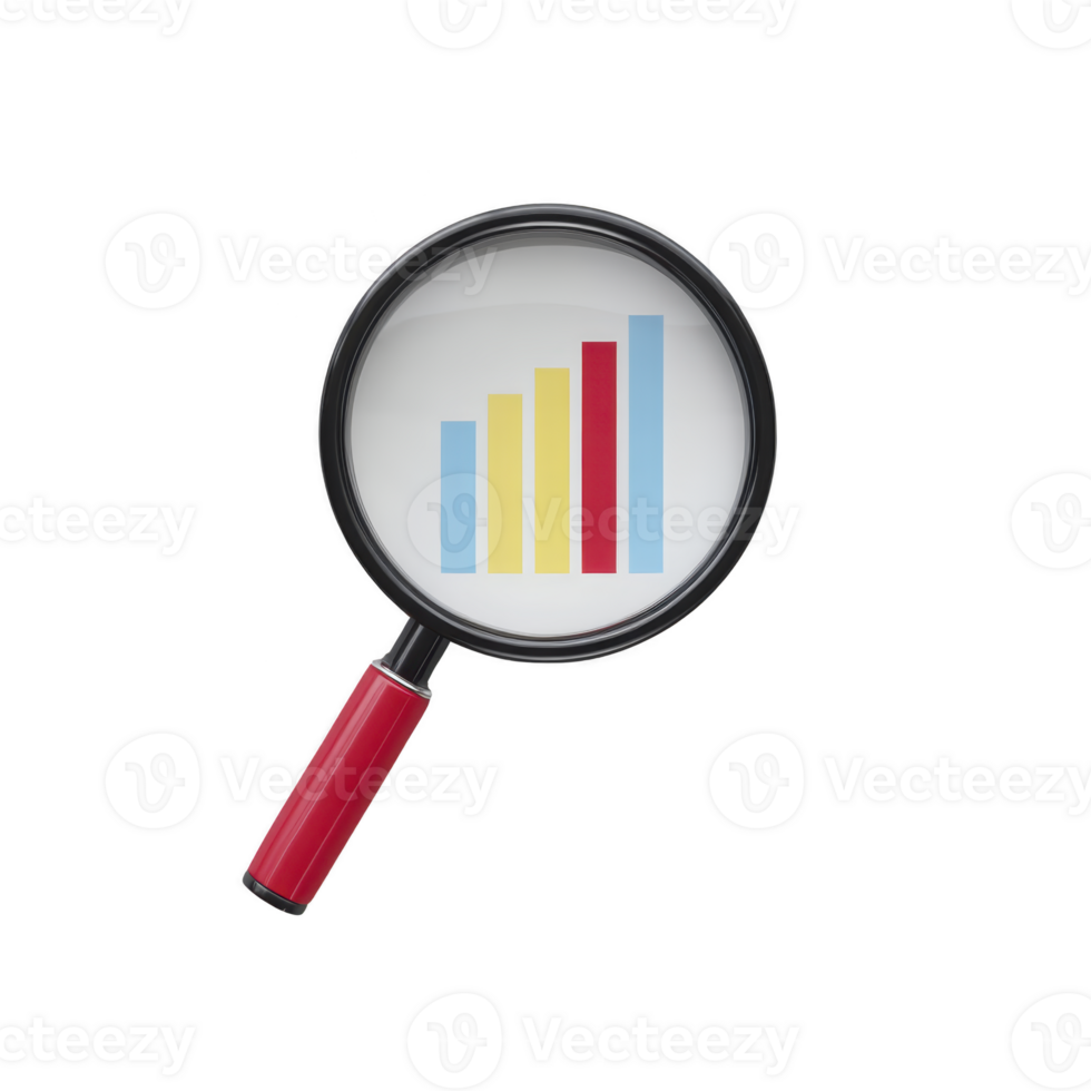 Magnifying glass with red handle focuses on colorful bar graph, symbolizing data analysis and growth. bars are in blue, yellow, and red, representing different data sets png