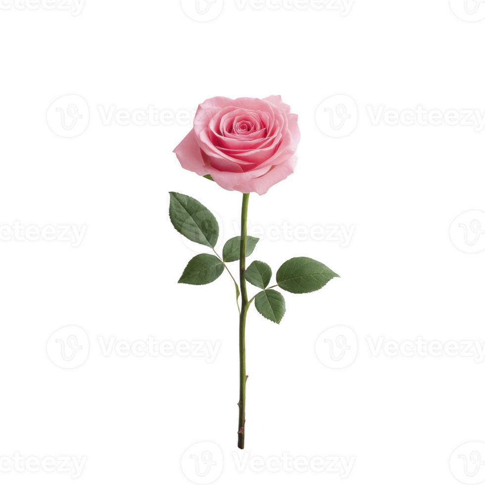 Single pink rose with lush green leaves on long stem, symbolizing love and elegance, isolated on transparency background png