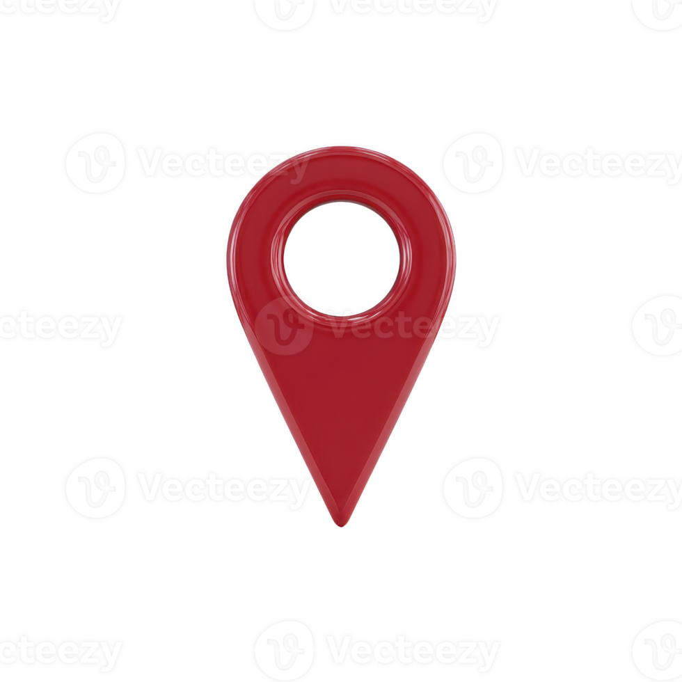 Red location pin icon with glossy finish, isolated on transparency background, symbolizing navigation and mapping. design is simple and modern, often used in digital maps and applications png