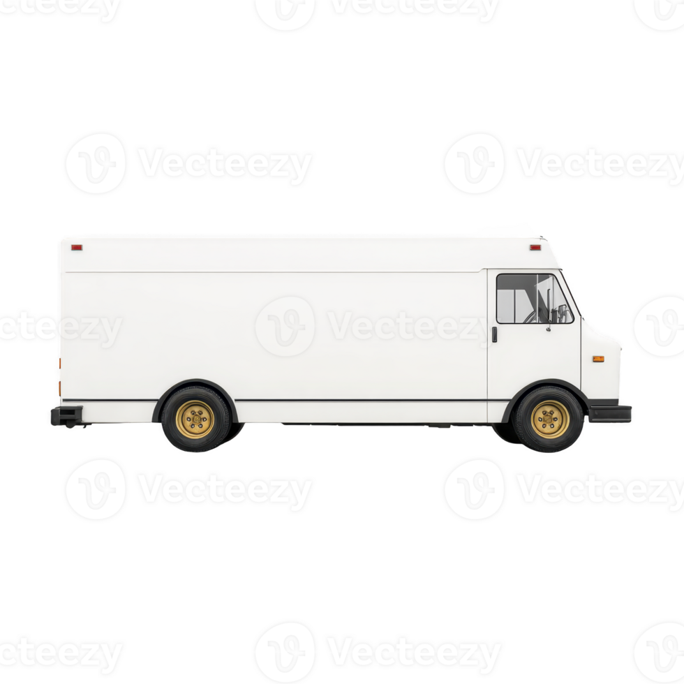 White delivery truck with boxy design and gold wheels is shown in profile view, isolated on transparency background. vehicle is commonly used for transporting goods and services png
