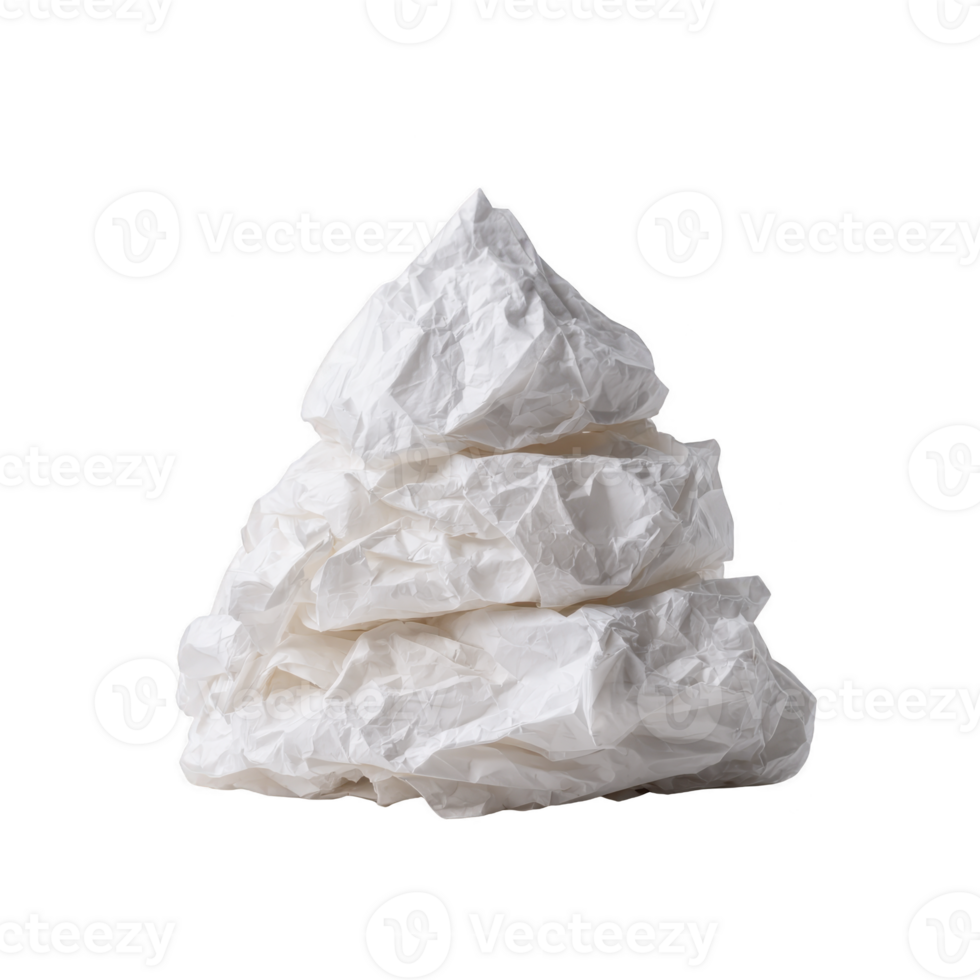 Crumpled pile of white paper sheets stacked in pyramid shape against plain background, showcasing texture and simplicity png