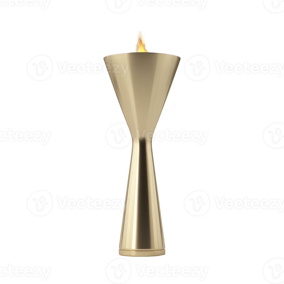 Golden torch with sleek, modern design and bright flame symbolizes victory and celebration. elegant metallic finish adds touch of sophistication to ceremonial object png