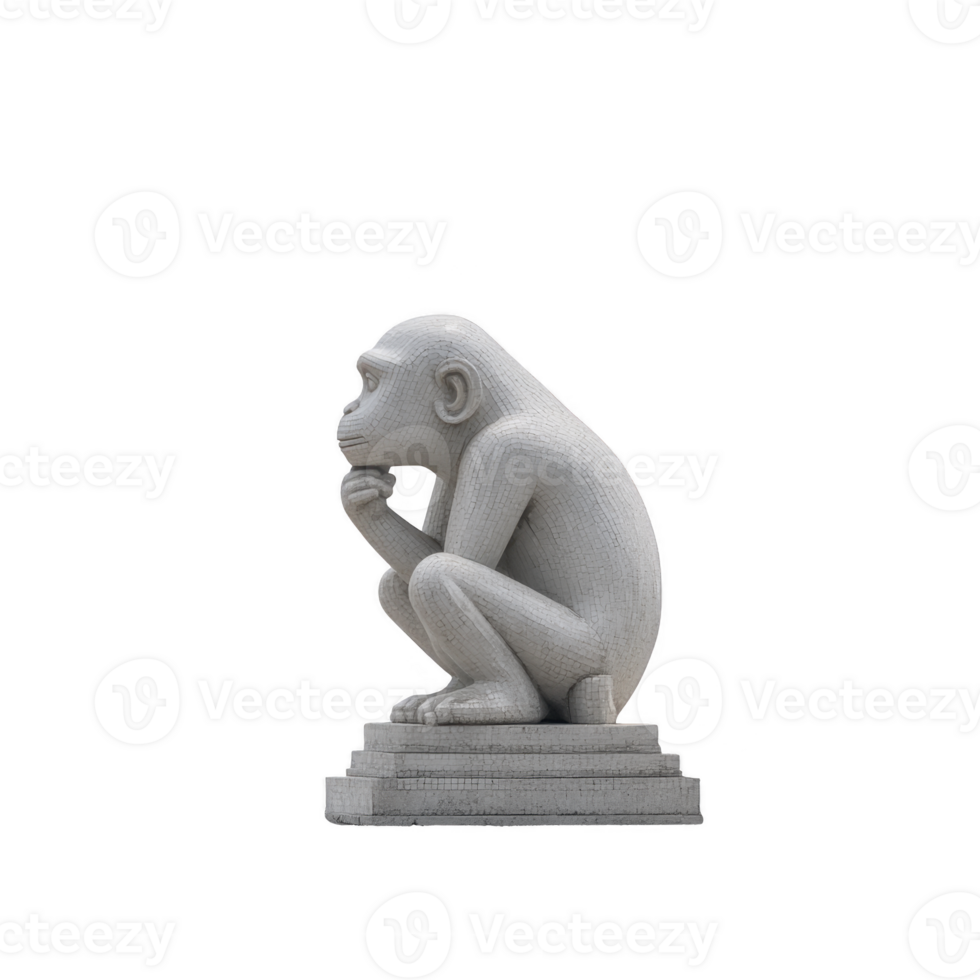 Contemplative stone monkey statue sits on pedestal, evoking sense of curiosity and thoughtfulness. detailed sculpture captures essence of introspection png