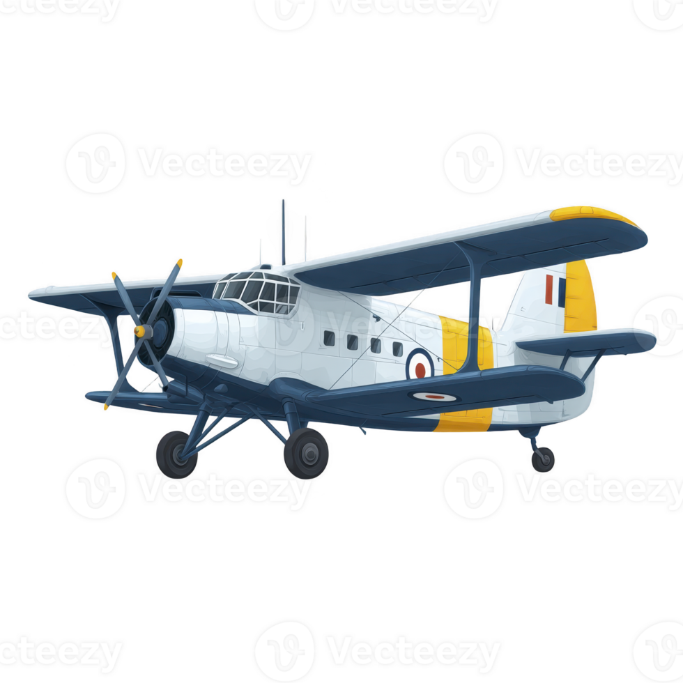 Vintage biplane with blue and white color scheme, featuring propeller and distinctive yellow accents, evokes sense of nostalgia and adventure. aircraft displays military insignia png