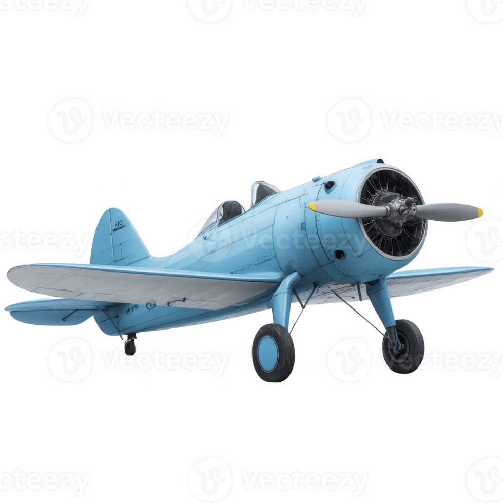 Vintage blue propeller airplane with single engine design and classic round nose, showcasing nostalgic aviation style. aircraft features sleek fuselage and traditional landing gear png