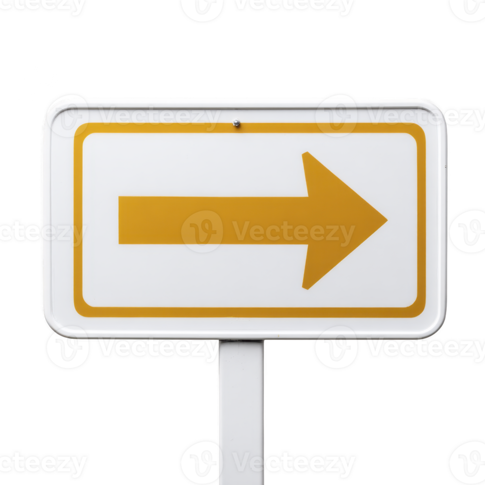 Rectangular road sign with bold yellow arrow pointing to right is displayed against plain background, indicating direction png