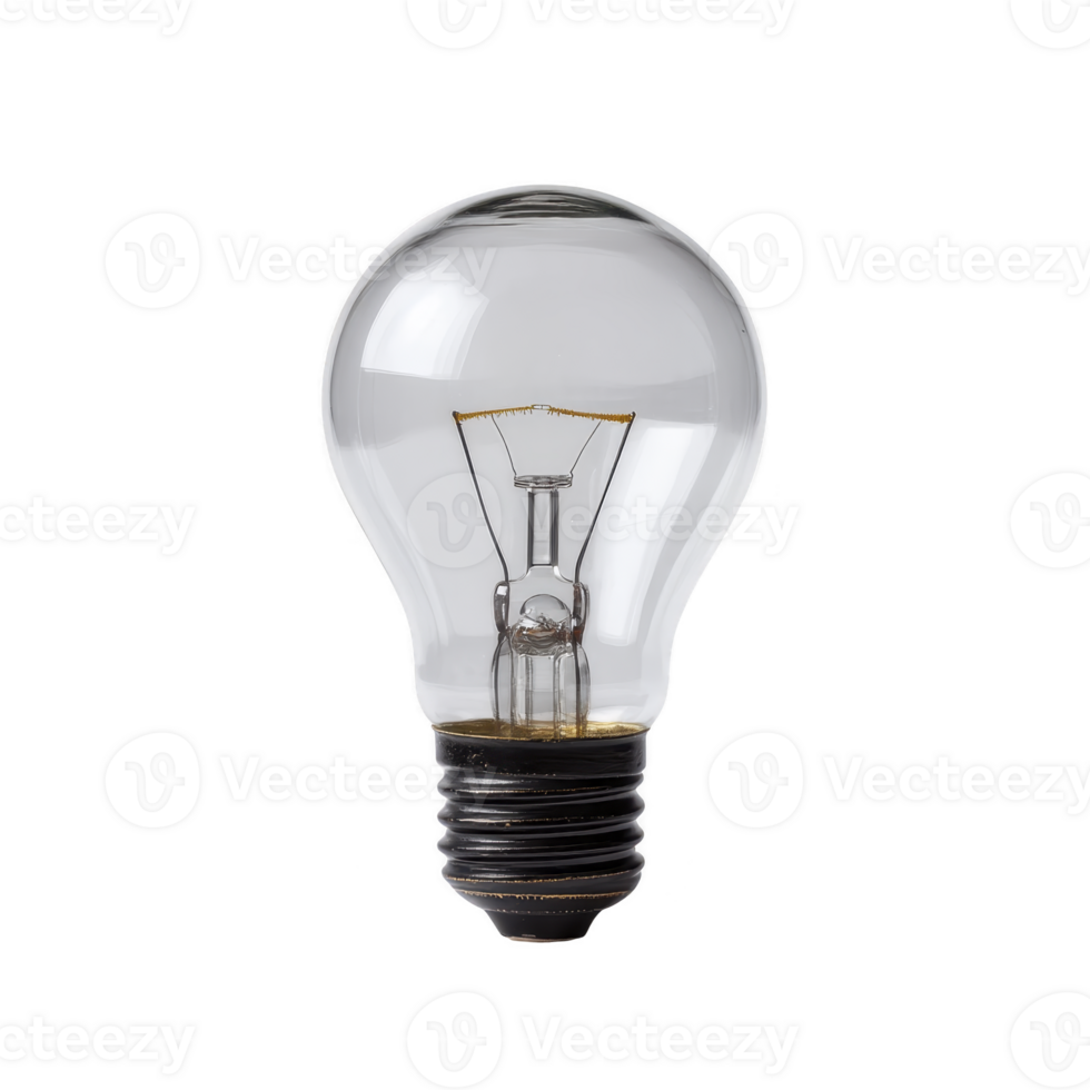 Clear incandescent light bulb with visible filament, symbolizing ideas and innovation. bulb is isolated on transparency background, highlighting its classic design png