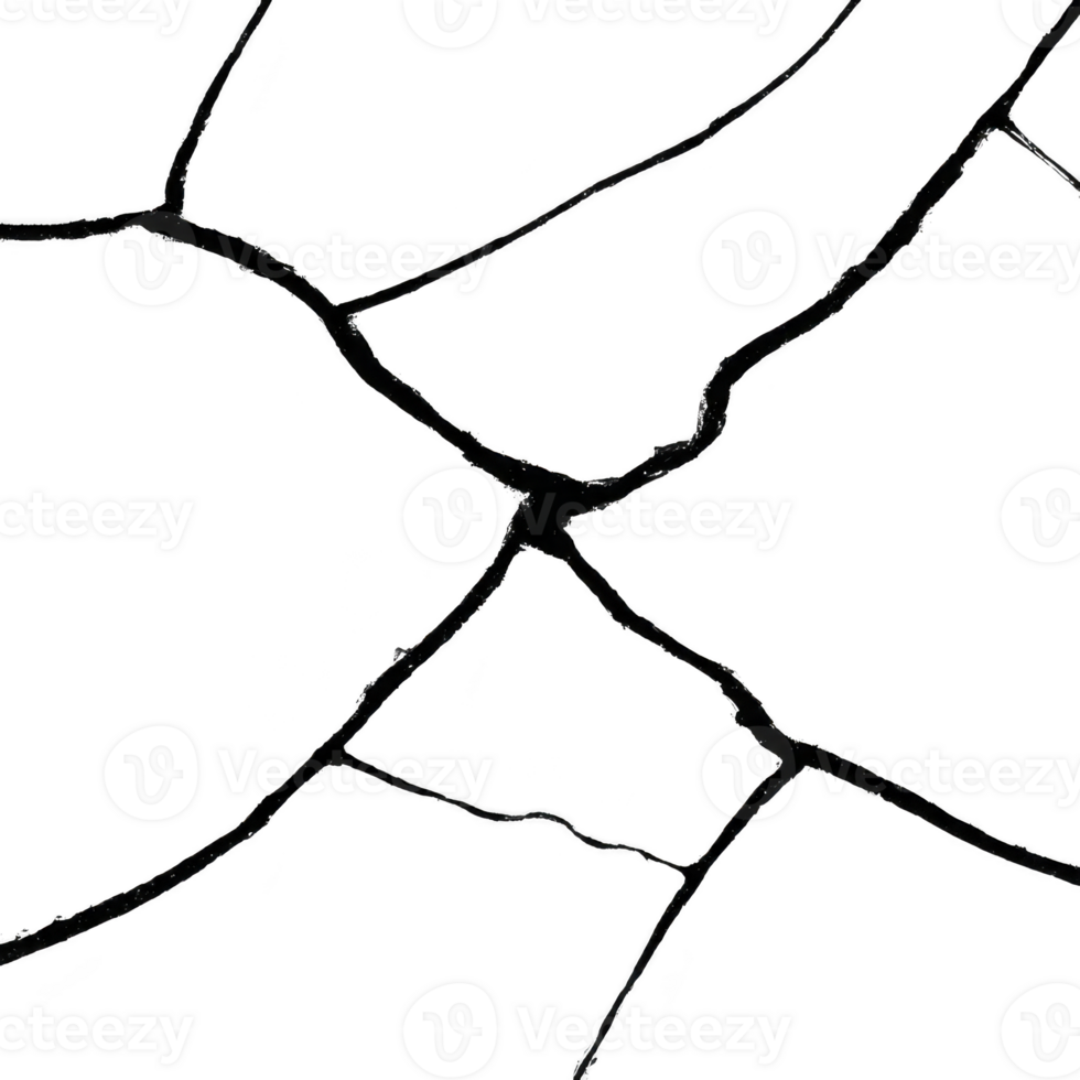 Cracked black surface with irregular lines creates abstract pattern, resembling shattered glass or dried earth. monochrome design adds dramatic and textured visual effect png