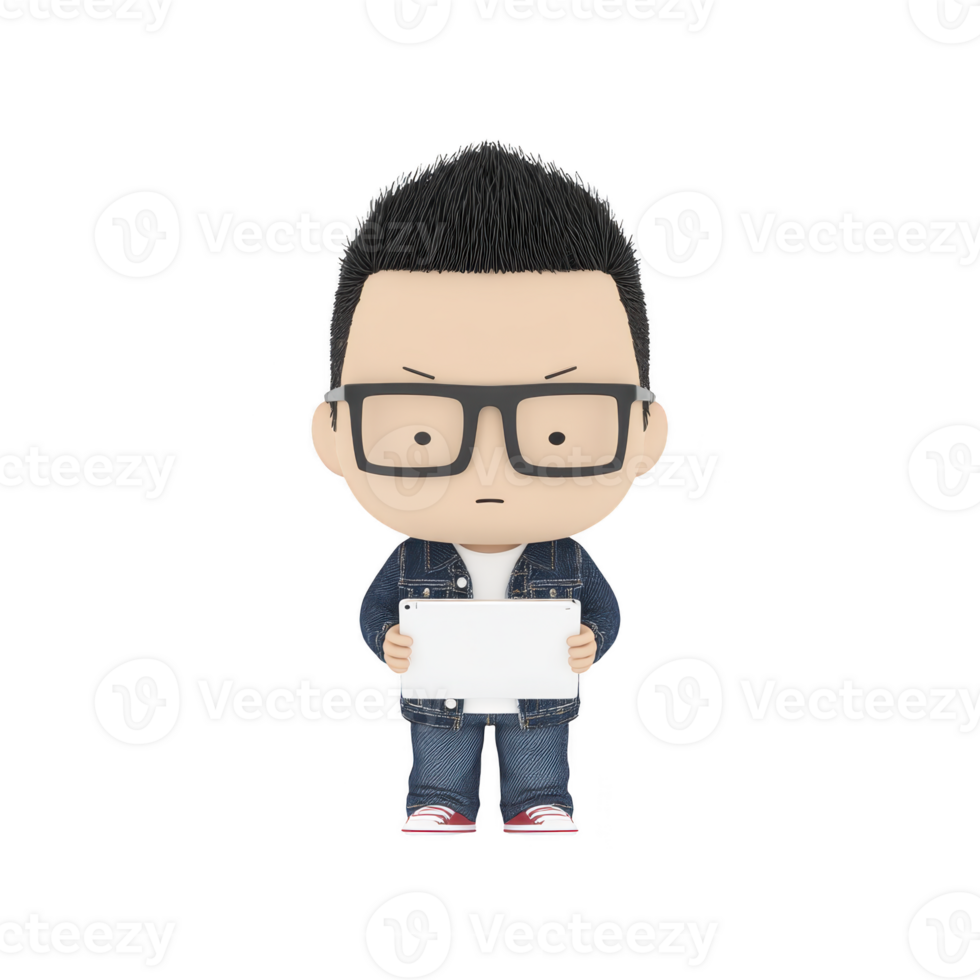 Cute cartoon character with glasses and serious expression holds tablet, dressed in denim jacket and jeans, conveying tech savvy vibe png