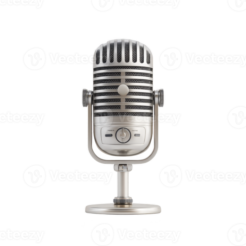 Vintage style silver microphone with classic design, featuring round base and adjustable stand, evokes sense of nostalgia and elegance, perfect for broadcasting or podcasting png