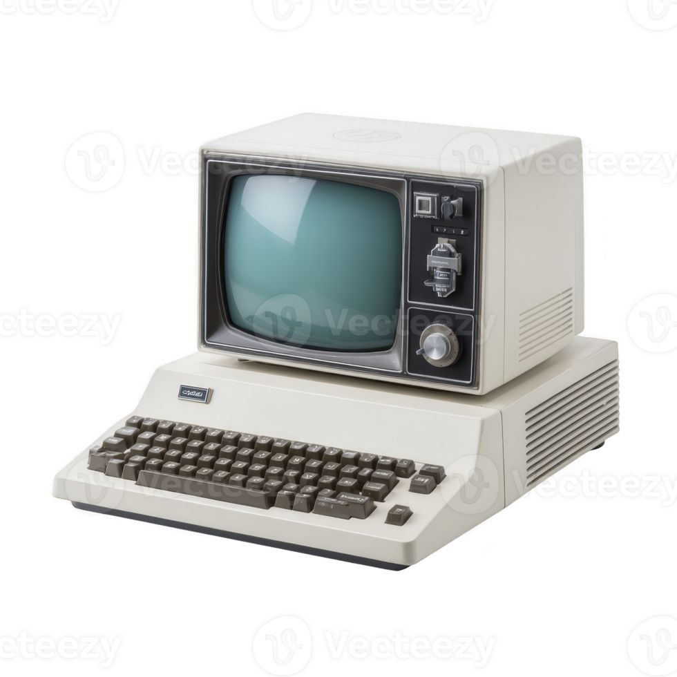 Vintage computer with CRT monitor and keyboard evokes nostalgia for early computing technology. beige casing and retro design highlight evolution of personal computers png